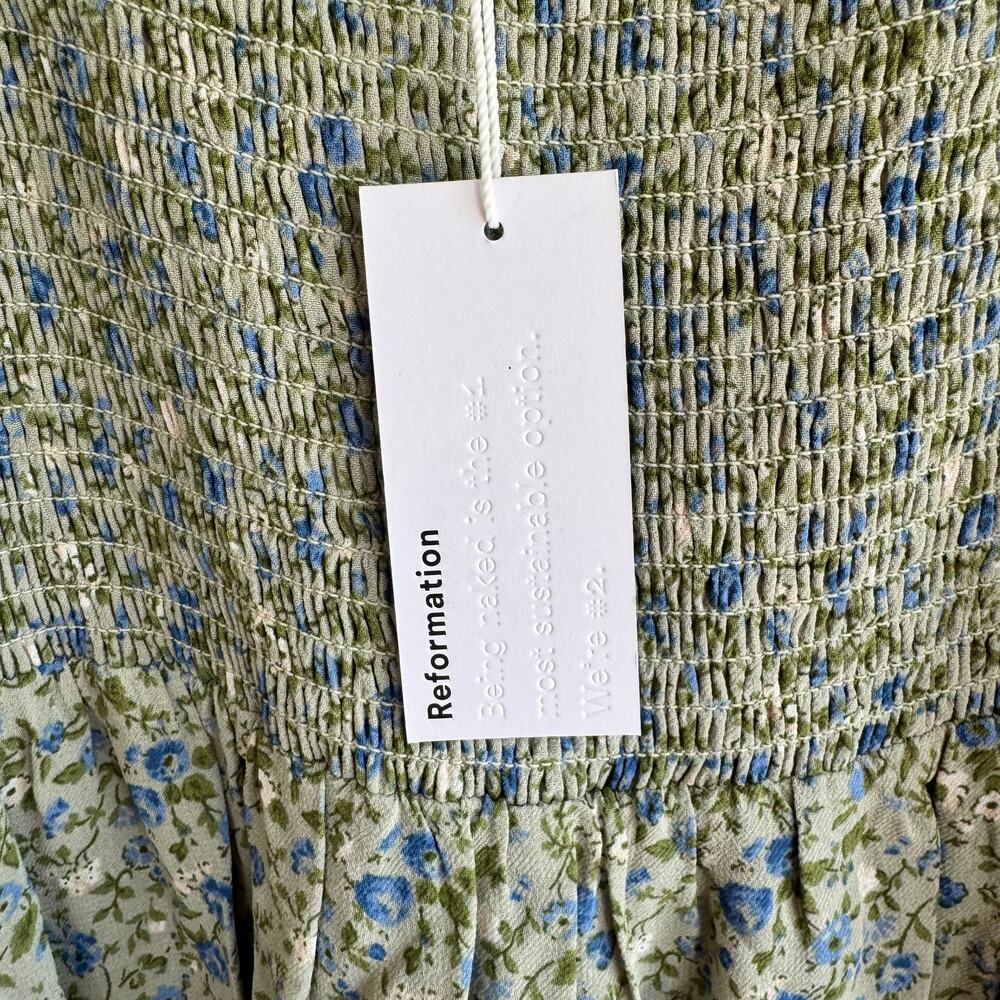 New Reformation Sable Smocked Dress Green Blue Floral Tie Strap Sleeveless Sz L - Picture 7 of 12